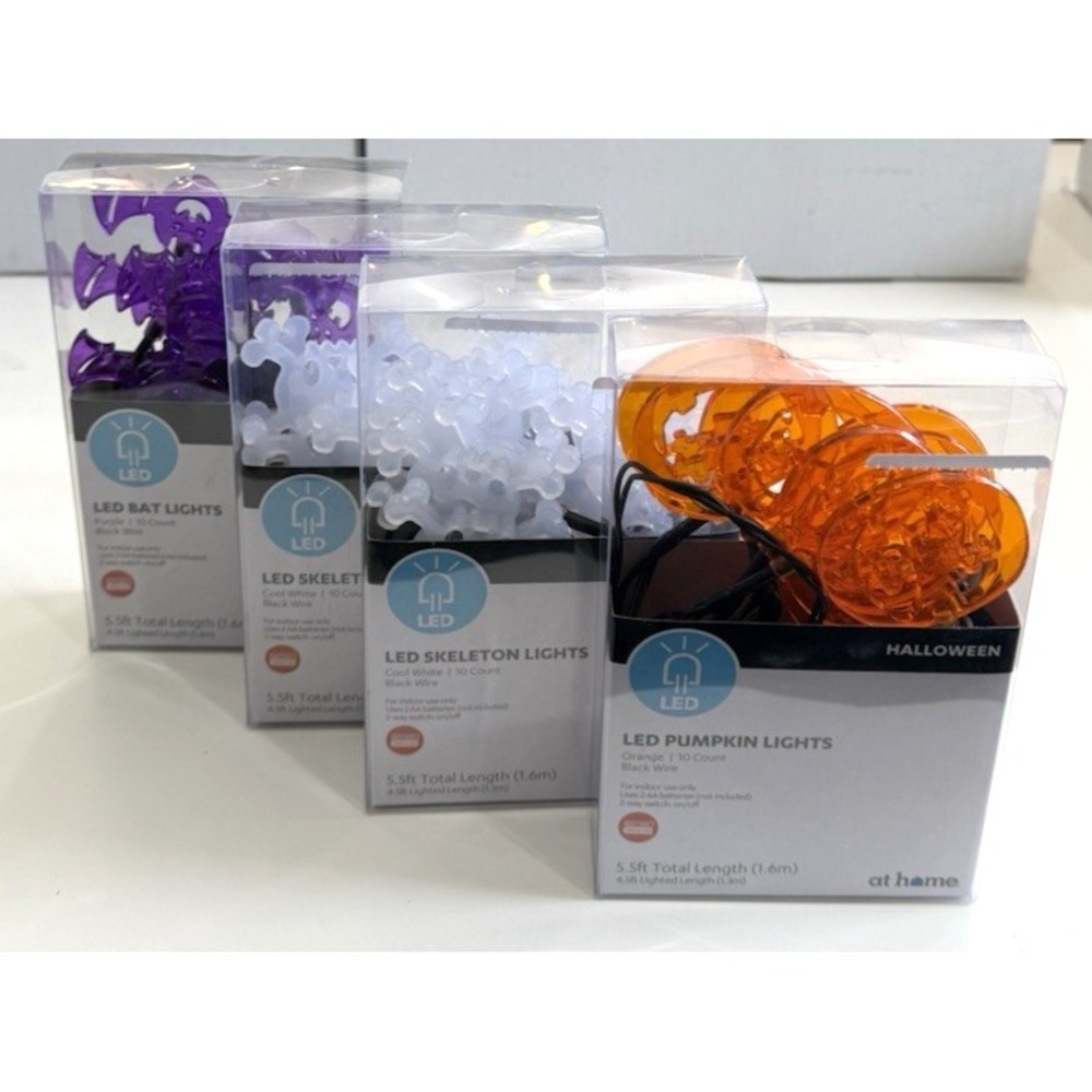 At Home Halloween LED String Lights 4pk Pumpkins Skulls Bats Orange White Purple